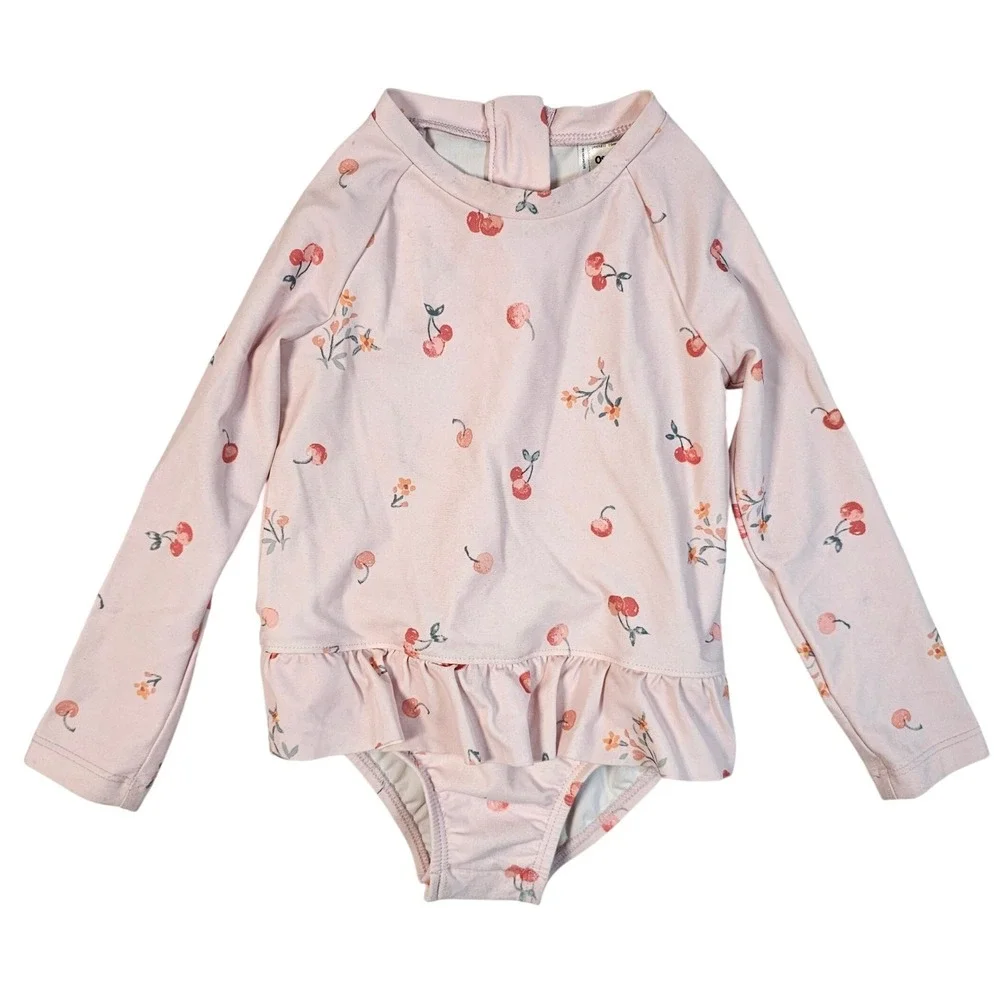 OshKosh Bgosh Baby Girl 24M Pink CherryFloral LongSleeve RuffleSwimsuit 1P005810